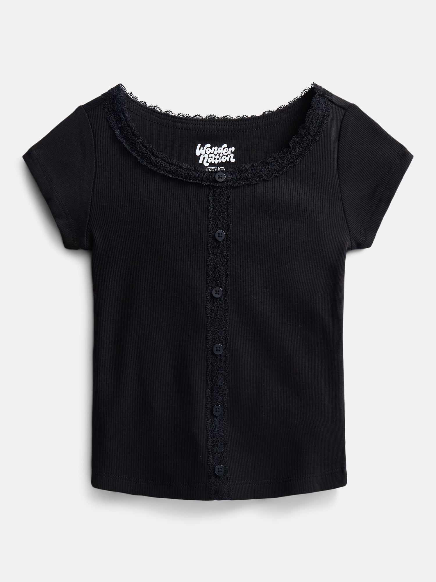 Wonder Nation Girls' Lace and Button Front Top with Short Sleeves, Sizes 4-18 & Plus