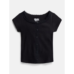 Wonder Nation Girls' Lace and Button Front Top with Short Sleeves, Sizes 4-18 & Plus
