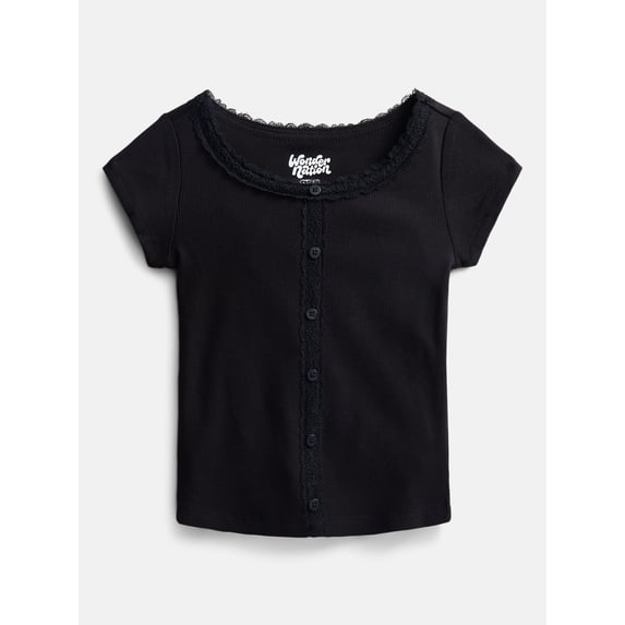 Wonder Nation Girls' Lace and Button Front Top with Short Sleeves, Sizes 4-18 & Plus