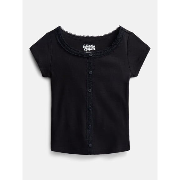 Wonder Nation Girls' Lace and Button Front Top with Short Sleeves, Sizes 4-18 & Plus