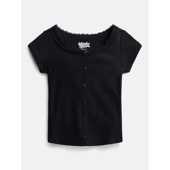 Wonder Nation Girls' Lace and Button Front Top with Short Sleeves, Sizes 4-18 & Plus