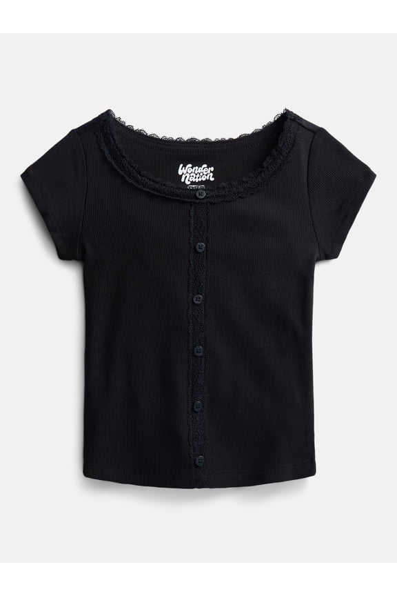 Girls' Lace and Button Front Top with Short Sleeves, Sizes 4-18 & Plus