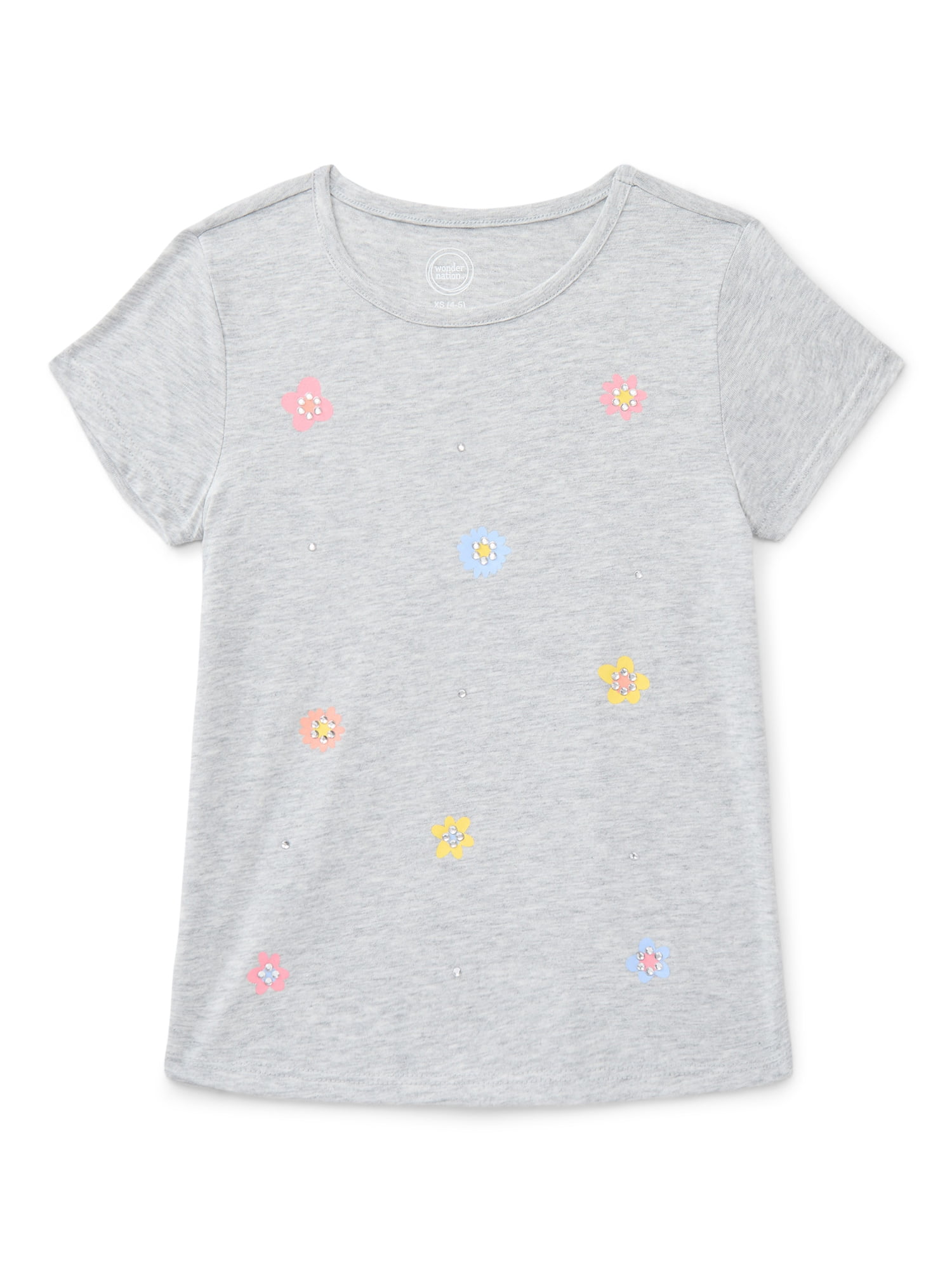 Wonder Nation Girls Embellished Graphic Tee with Short Sleeves, Sizes 4-18 & Plus