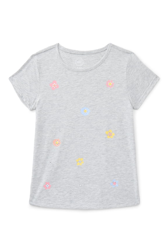 Girls' Embellished Graphic Tee with Short Sleeves, Sizes 4-18 & Plus