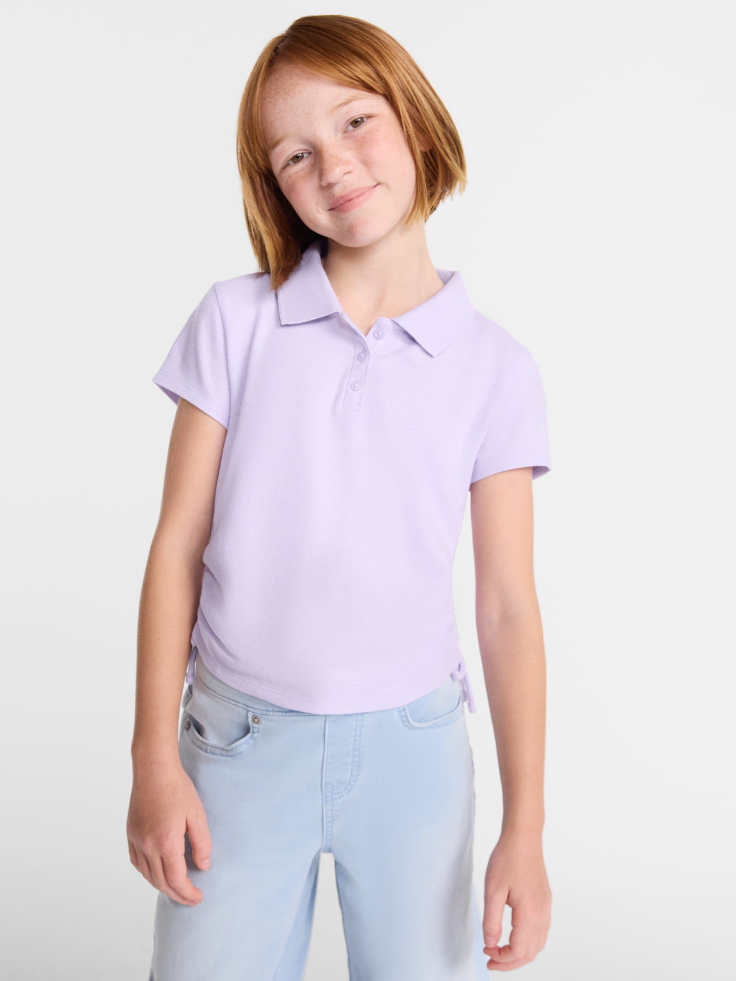 Girls Side Ruched Polo Shirt with Short Sleeves, Sizes 4-18