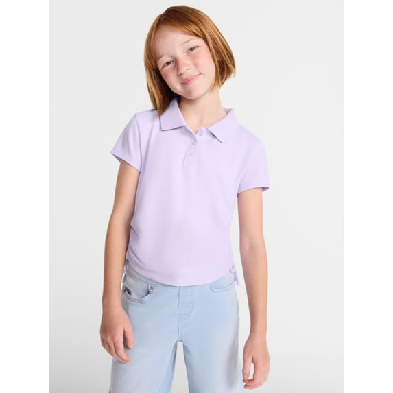 Wonder Nation Girls Side Ruched Polo Shirt with Short Sleeves, Sizes 4-18