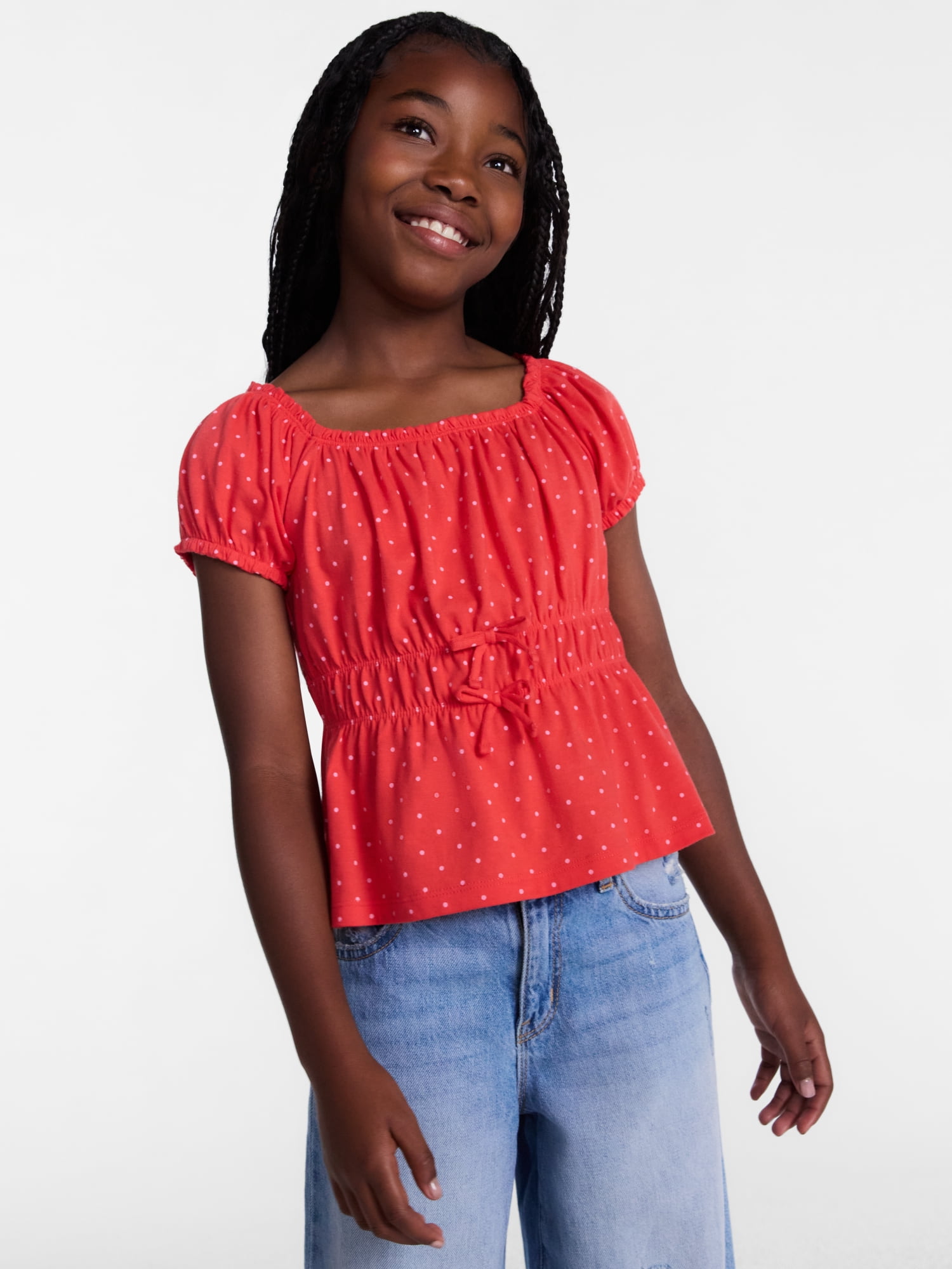 Wonder Nation Girls' Bow Front Peasant Top with Short Puff Sleeves, Sizes 4-18 & Plus
