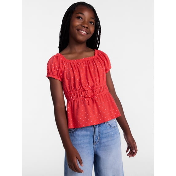 Wonder Nation Girls' Bow Front Peasant Top with Short Puff Sleeves, Sizes 4-18 & Plus