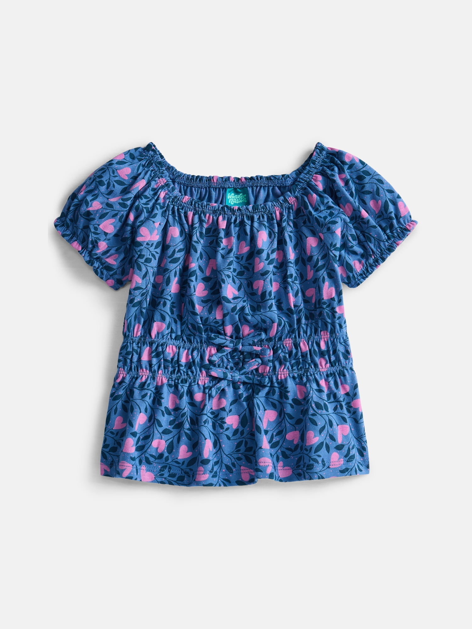 Wonder Nation Girls' Bow Front Peasant Top with Short Puff Sleeves, Sizes 4-18 & Plus