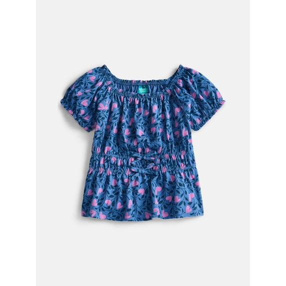 Wonder Nation Girls' Bow Front Peasant Top with Short Puff Sleeves, Sizes 4-18 & Plus
