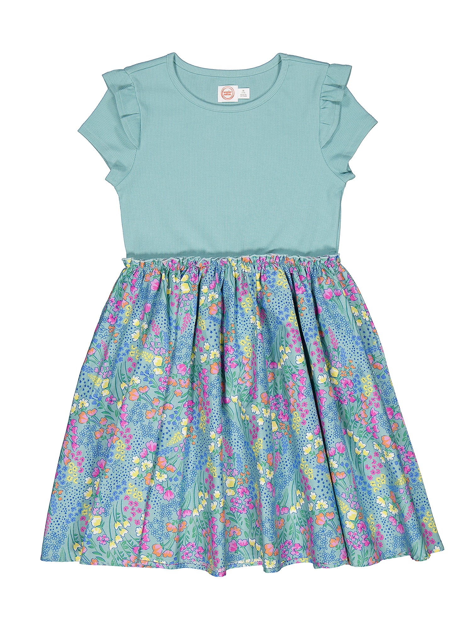 Girls' Mixed Media Dress with Short Ruffle Sleeves, Sizes 4-18 & Plus