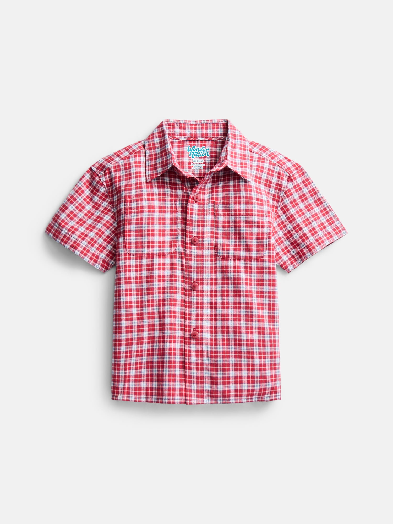 Wonder Nation Boys' Button Front Cotton Shirt with Short Sleeves, Sizes 4-18 & Husky