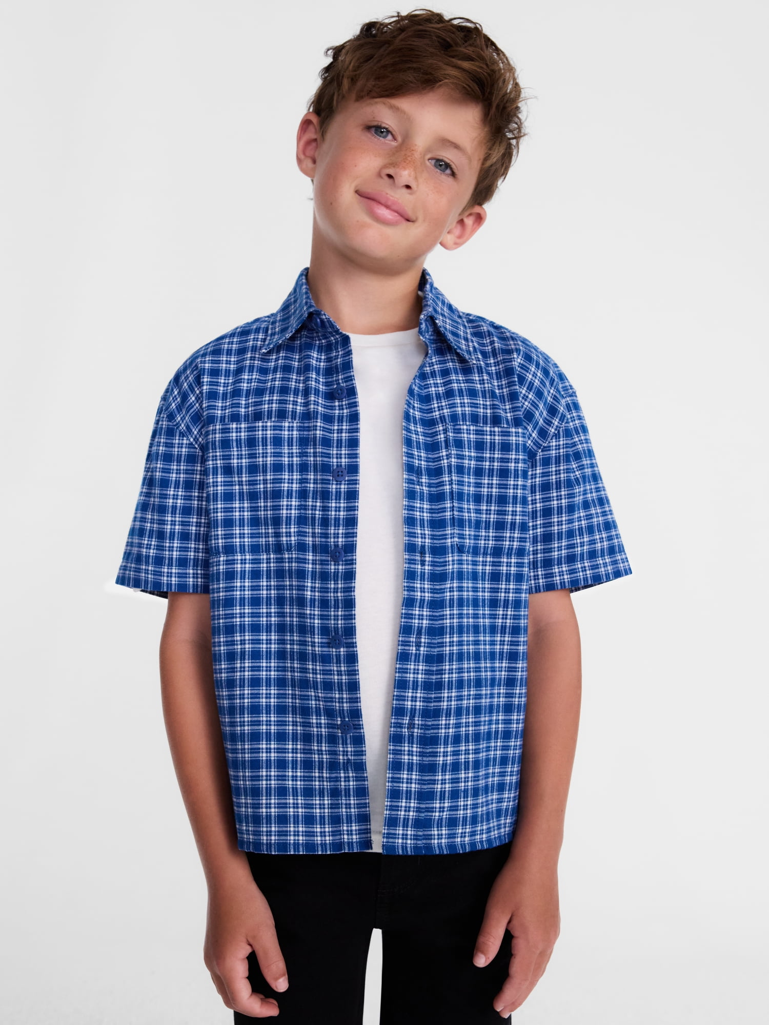 Wonder Nation Boys' Button Front Cotton Shirt with Short Sleeves, Sizes 4-18 & Husky