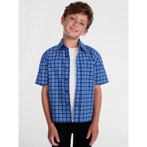 Wonder Nation Boys' Button Front Cotton Shirt with Short Sleeves, Sizes 4-18 & Husky