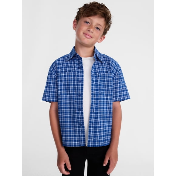 Wonder Nation Boys' Button Front Cotton Shirt with Short Sleeves, Sizes 4-18 & Husky