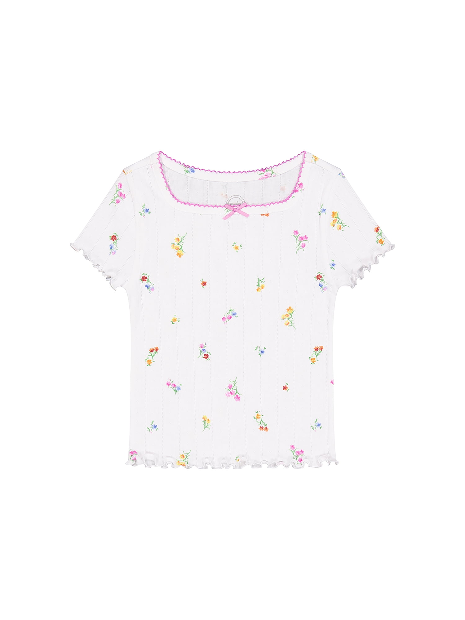 Wonder Nation Girls Short Sleeve Pointelle Trim Shirt, Sizes 4-18 & Plus