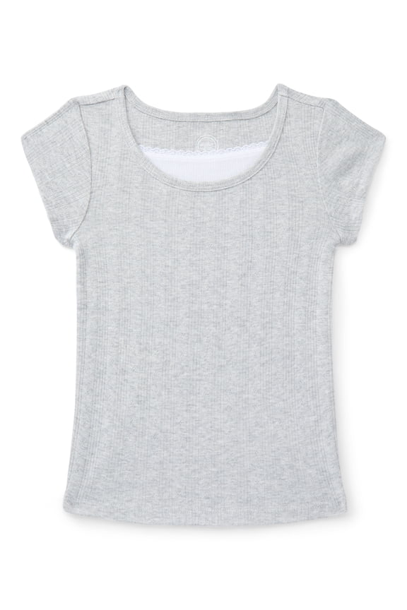 Girls Pointelle Lace Top with Short Sleeves, Sizes 4-18, Plus