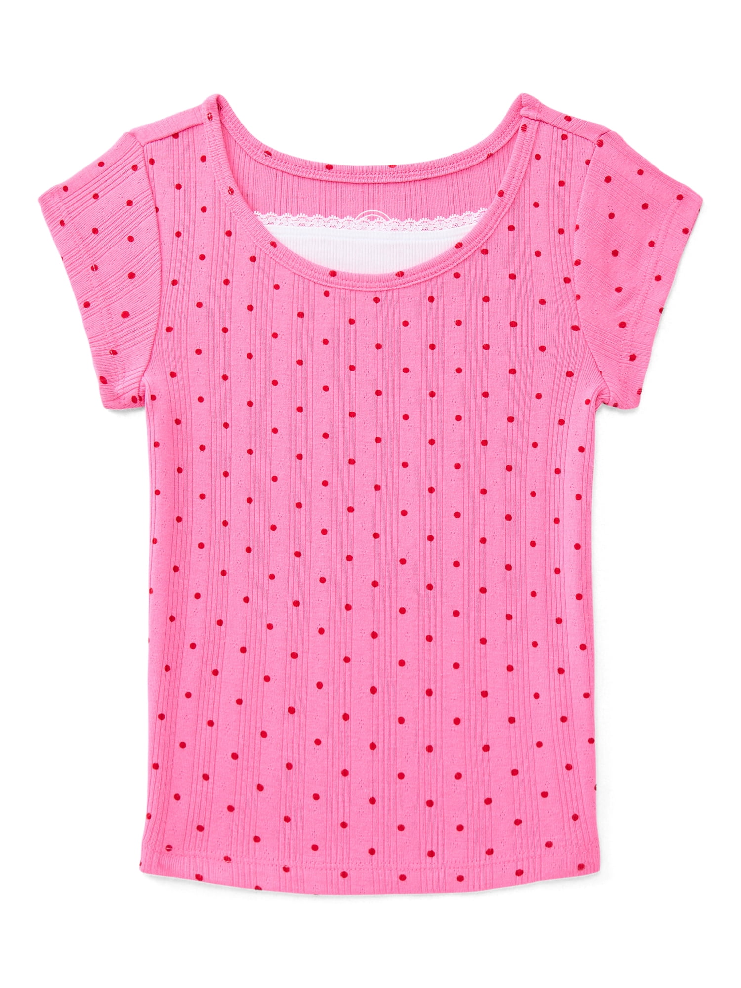 Wonder Nation Girls Pointelle Lace Top with Short Sleeves, Sizes 4-18, Plus