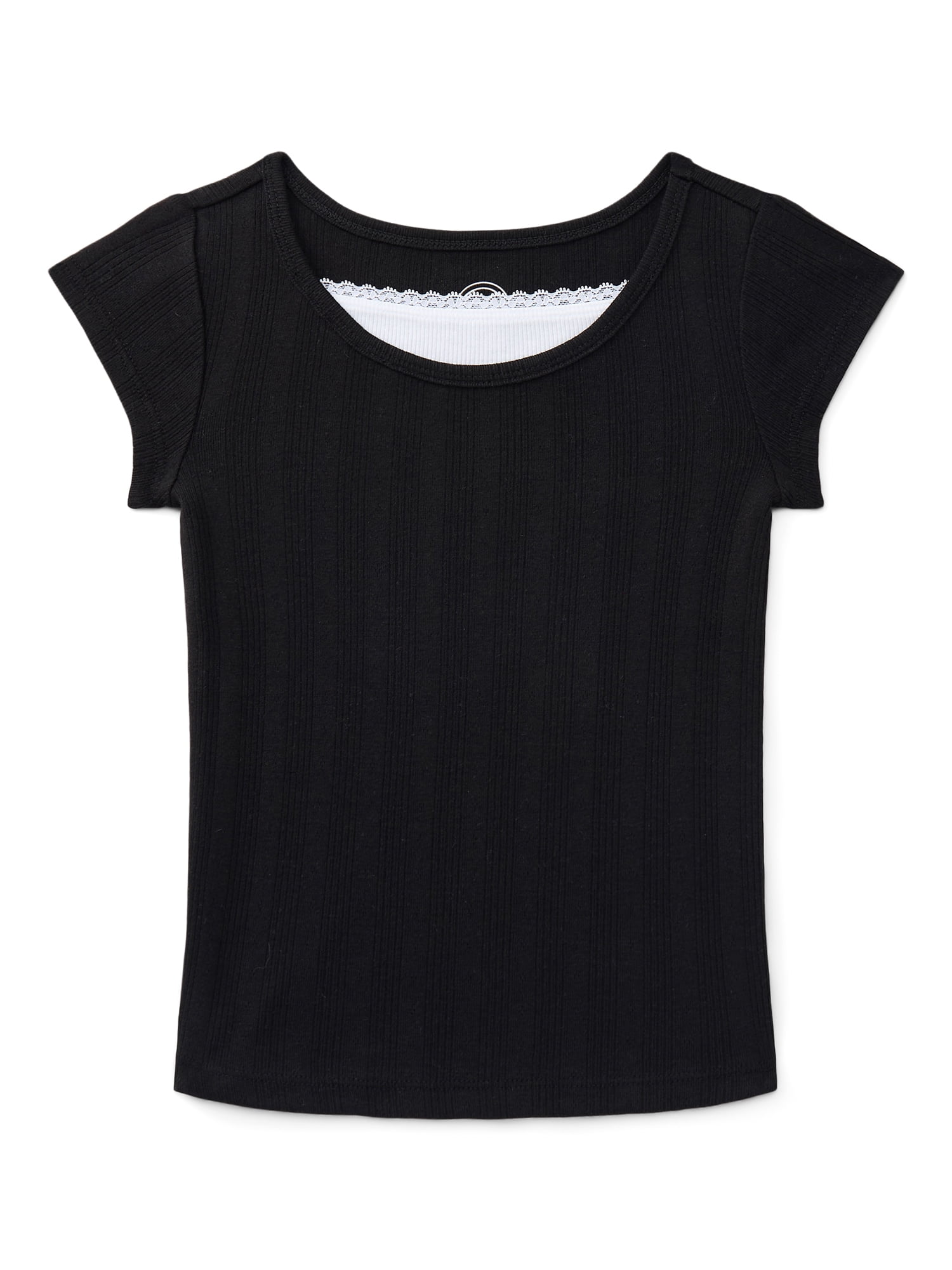 Wonder Nation Girls Pointelle Lace Top with Short Sleeves, Sizes 4-18, Plus