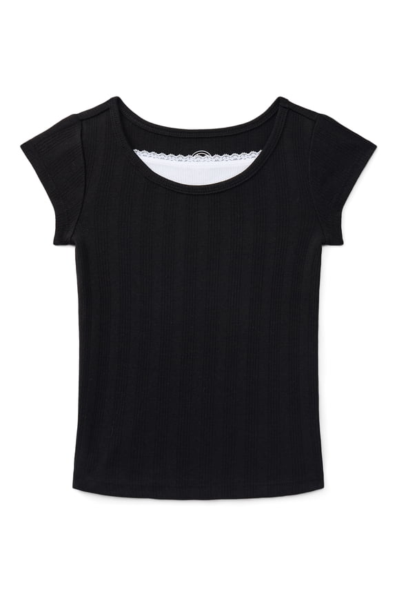 Girls Pointelle Lace Top with Short Sleeves, Sizes 4-18, Plus