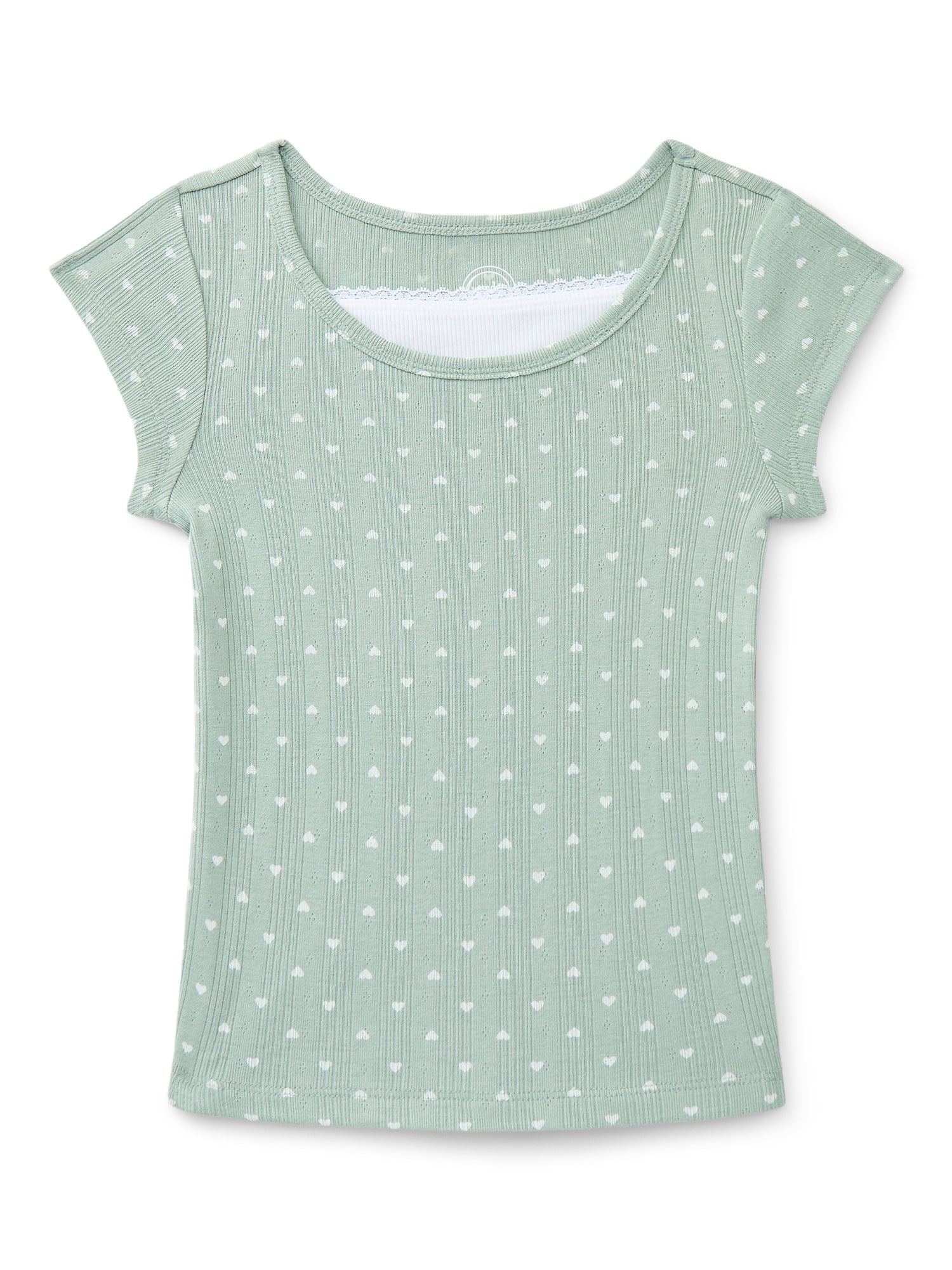 Wonder Nation Girls Pointelle Lace Top with Short Sleeves, Sizes 4-18, Plus