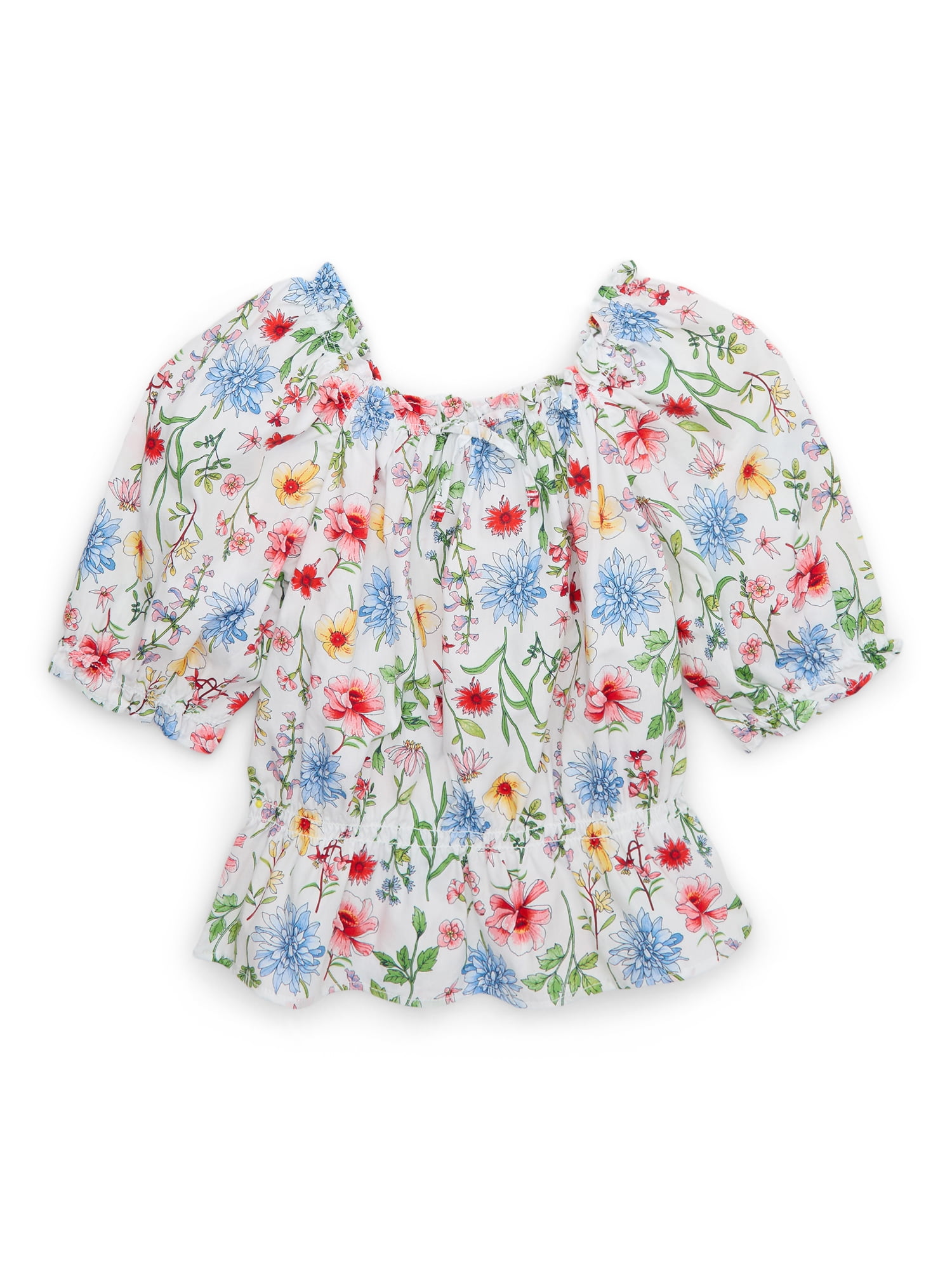 Girls Poplin Shirred Top with Puff Sleeves, Sizes 4-18 & Plus