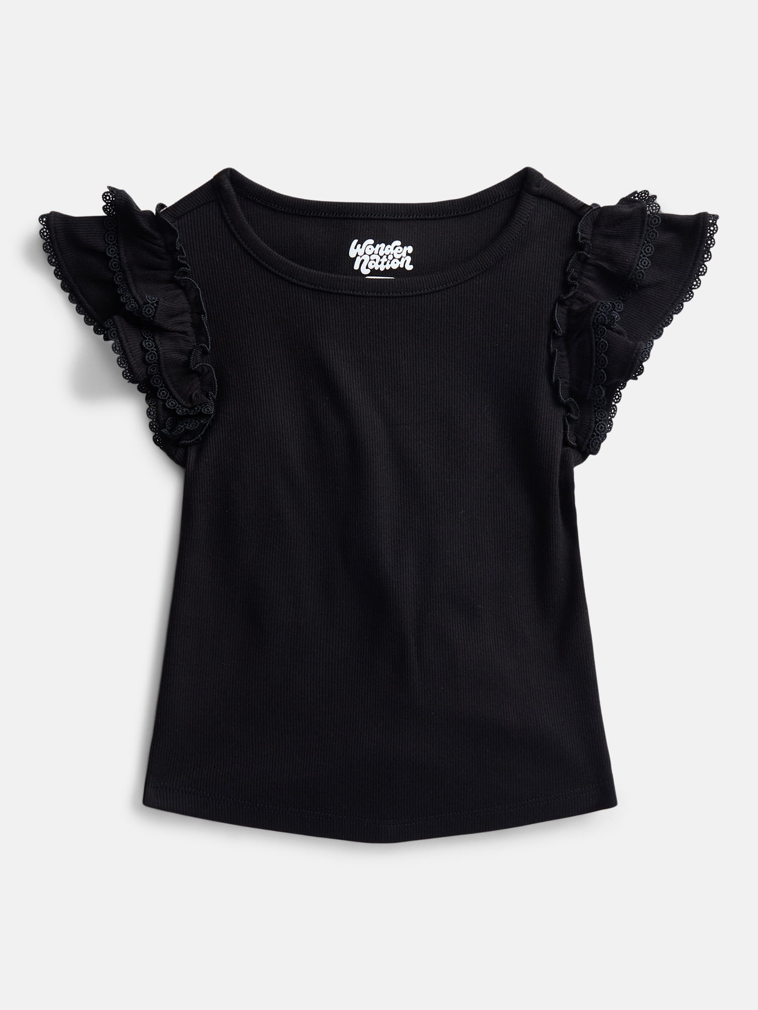 Wonder Nation Girls' Ribbed Top with Short Ruffle Sleeves, Sizes 4-18 & Plus