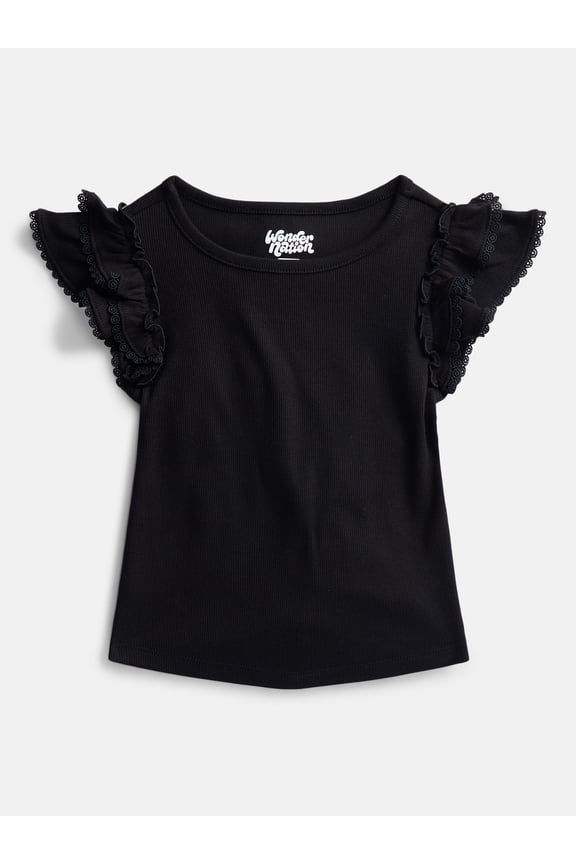 Girls' Ribbed Top with Short Ruffle Sleeves, Sizes 4-18 & Plus