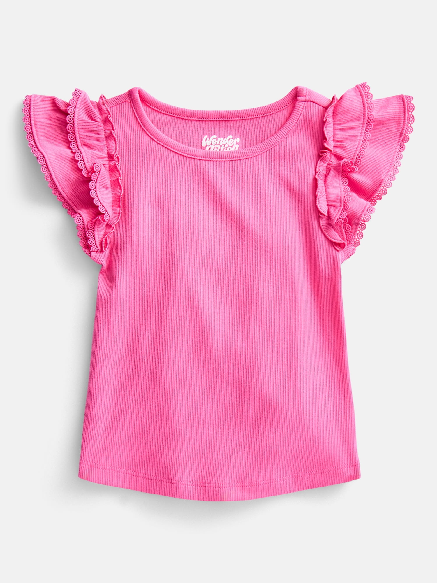Wonder Nation Girls' Ribbed Top with Short Ruffle Sleeves, Sizes 4-18 & Plus