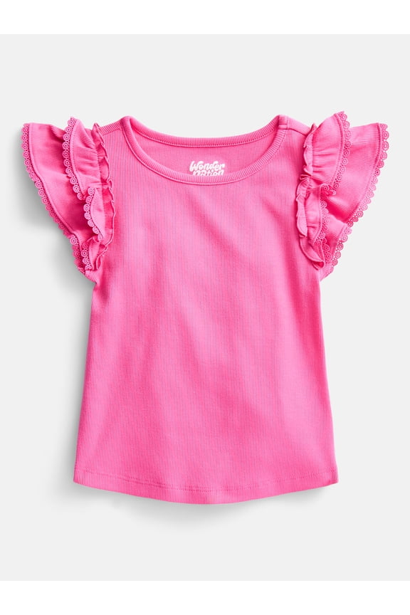 Girls' Ribbed Top with Short Ruffle Sleeves, Sizes 4-18 & Plus
