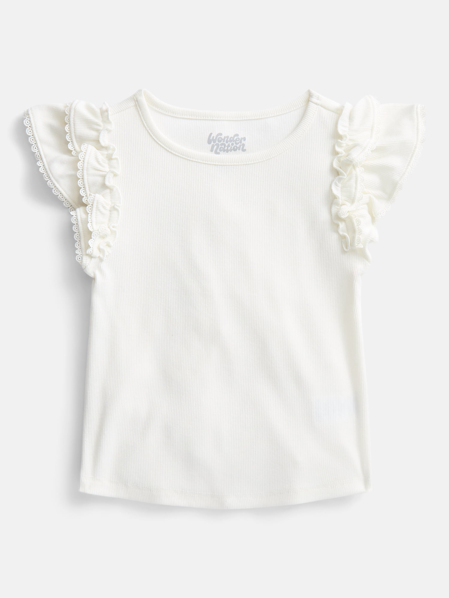 Wonder Nation Girls' Ribbed Top with Short Ruffle Sleeves, Sizes 4-18 & Plus