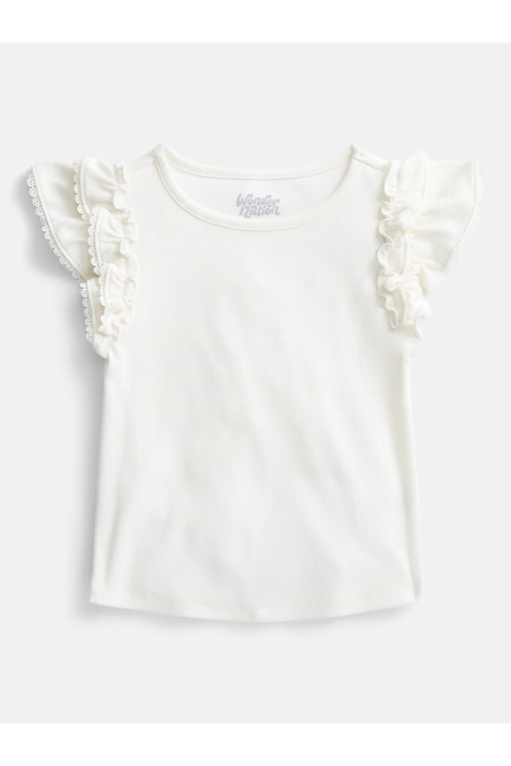 Girls' Ribbed Top with Short Ruffle Sleeves, Sizes 4-18 & Plus