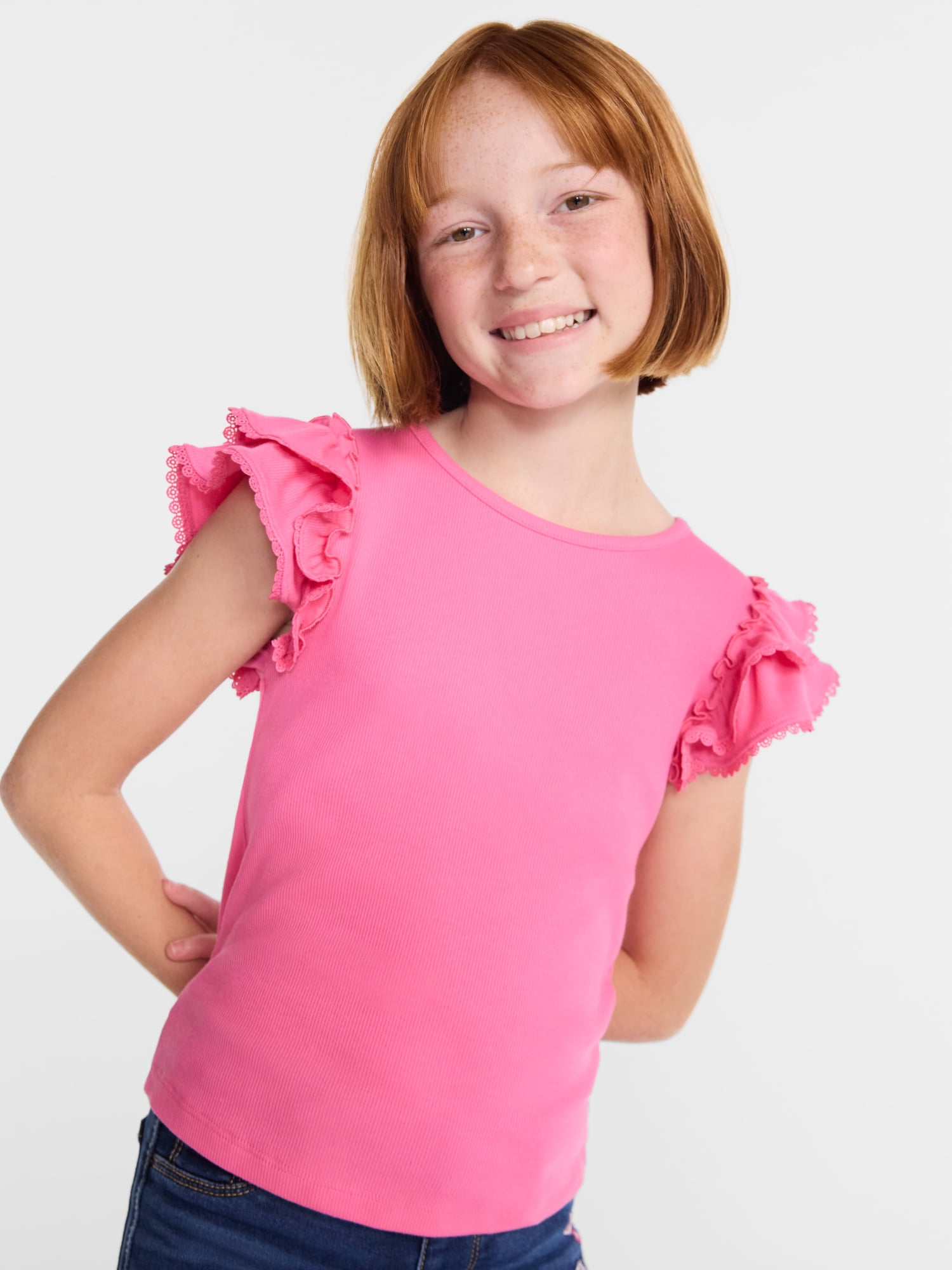Wonder Nation Girls' Ribbed Top with Short Ruffle Sleeves, Sizes 4-18 & Plus