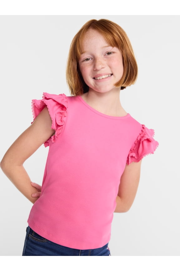 Girls' Ribbed Top with Short Ruffle Sleeves, Sizes 4-18 & Plus