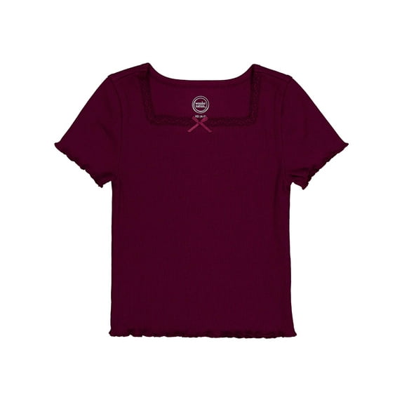 Wonder Nation Girls Short Sleeve Square Neck Bow Top, Sizes 4-18 & Plus