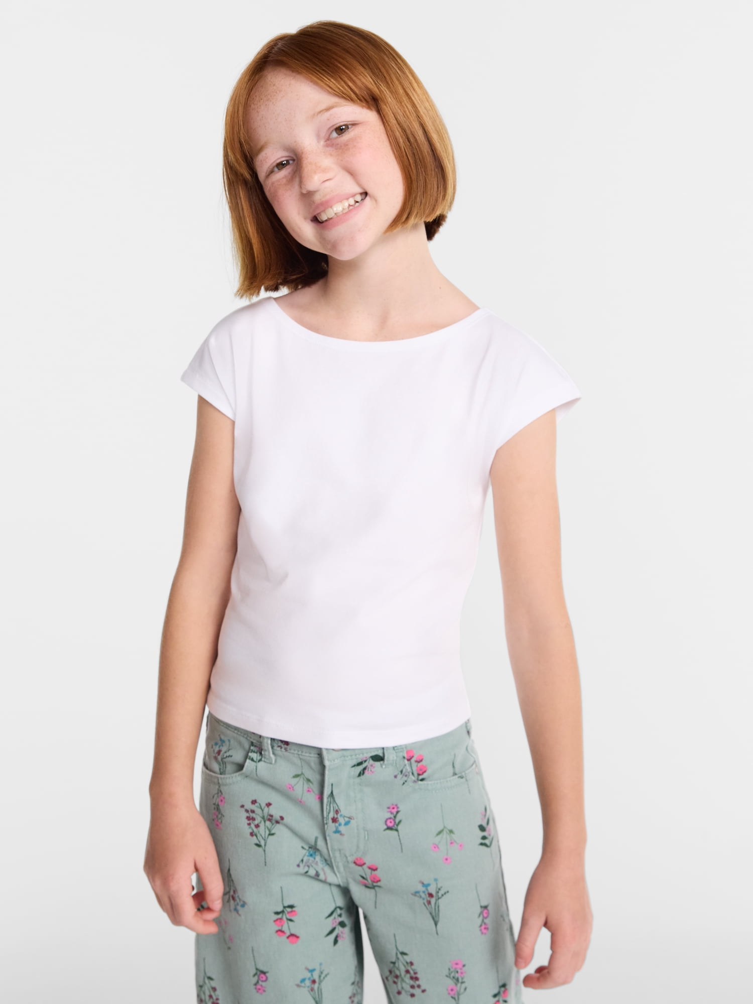 Wonder Nation Girls Boat Neck Top with Short Sleeves, Sizes 4-18 & Plus