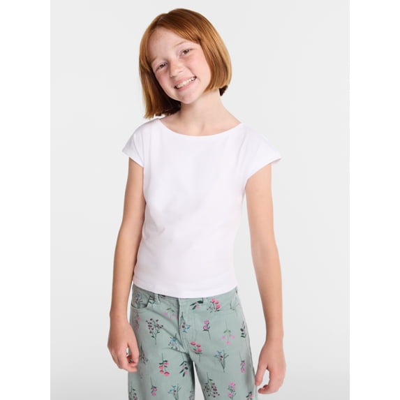 Wonder Nation Girls Boat Neck Top with Short Sleeves, Sizes 4-18 & Plus