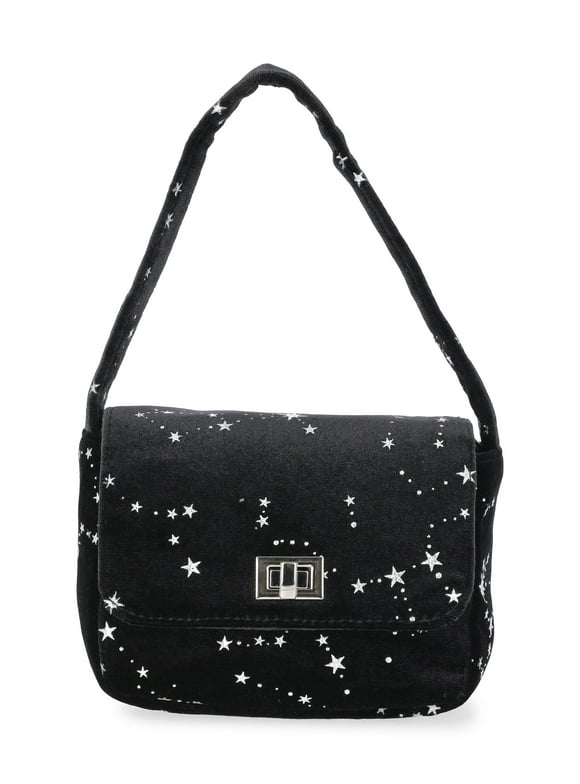 Girls Velvet Star Constellation Handbag, Black