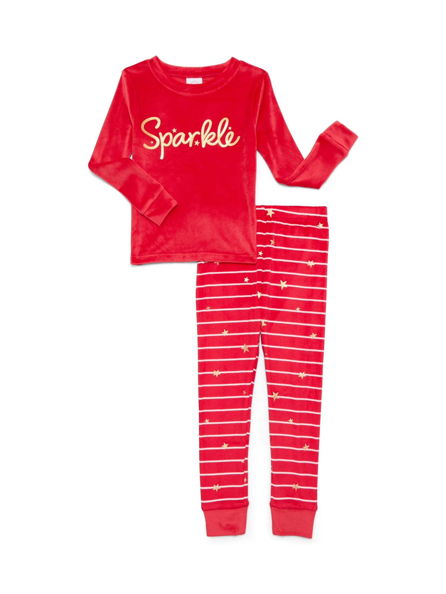 Wonder Nation Girls Christmas Long Sleeve Top and Pants Tight Fit Sleep Set, 2-Piece, Sizes 4-10