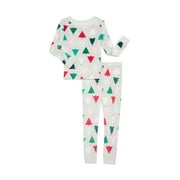 WONDER NATION Girls Christmas Long Sleeve Top and Pants Tight Fit Sleep Set, 2-Piece, Sizes 4-10