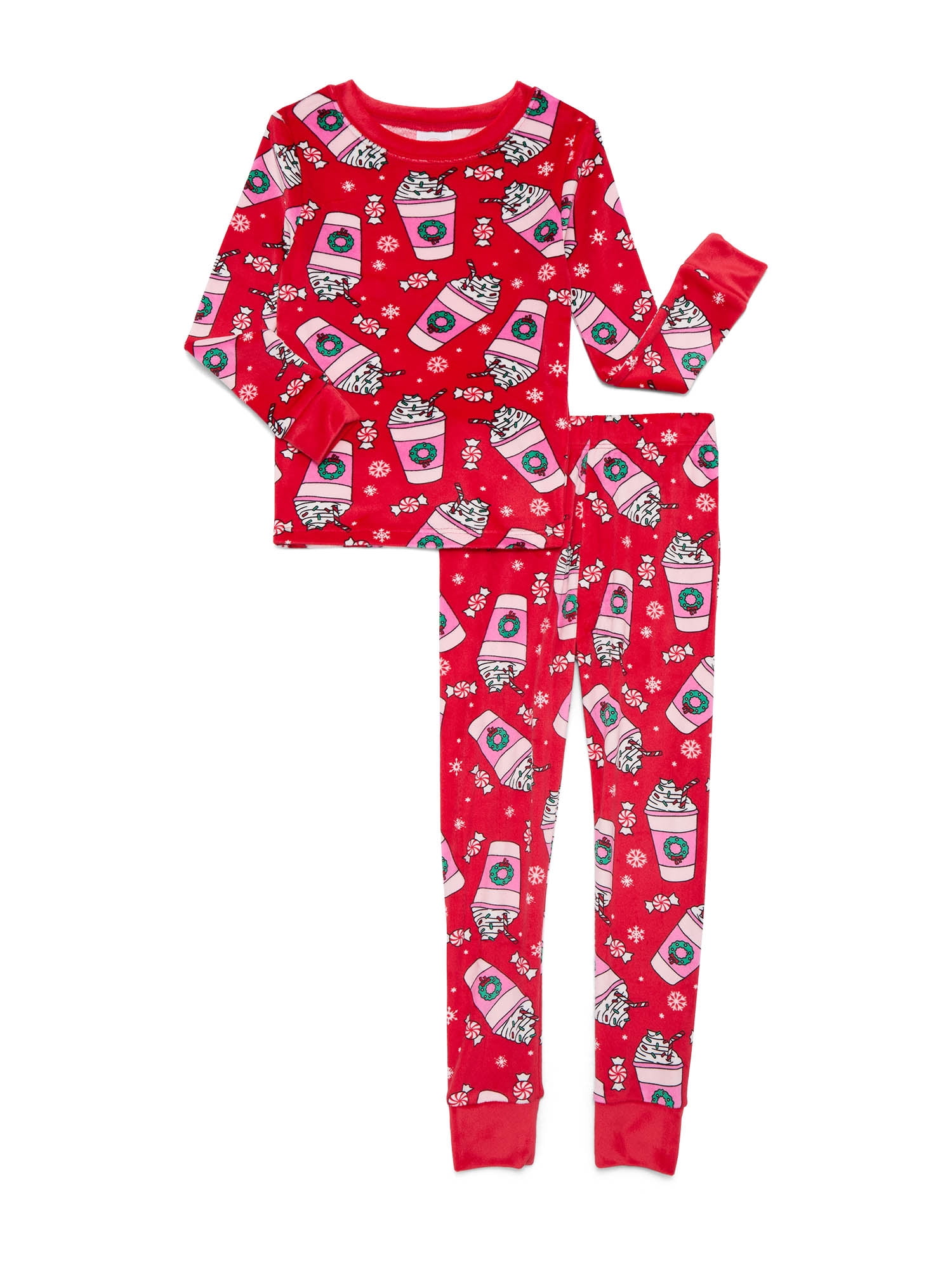 Wonder Nation Girls Christmas Long Sleeve Top and Pants Tight Fit Sleep Set, 2-Piece, Sizes 4-10