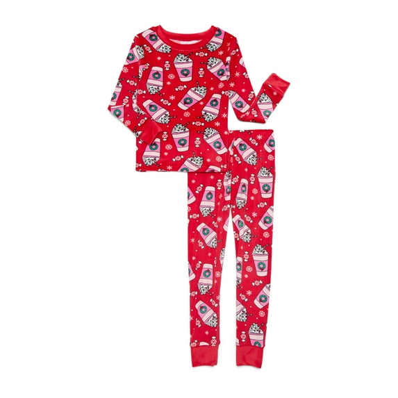 Wonder Nation Girls Christmas Long Sleeve Top and Pants Tight Fit Sleep Set, 2-Piece, Sizes 4-10