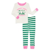Wonder Nation Girls Christmas Long Sleeve Top and Pants Tight Fit Sleep Set, 2-Piece, Sizes 4-10