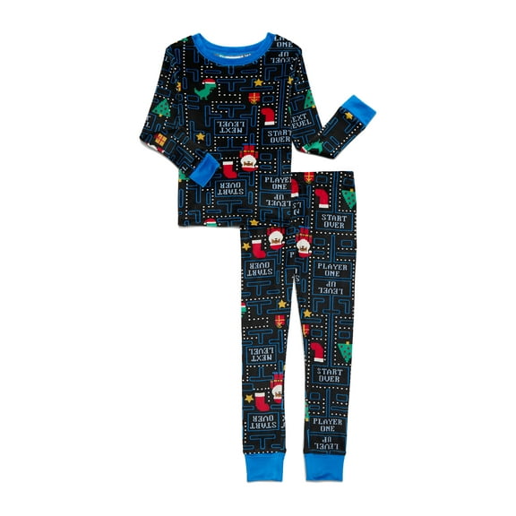 Wonder Nation Boys Christmas Long Sleeve Top and Pants Tight Fit Sleep Set, 2-Piece, Sizes 4-10