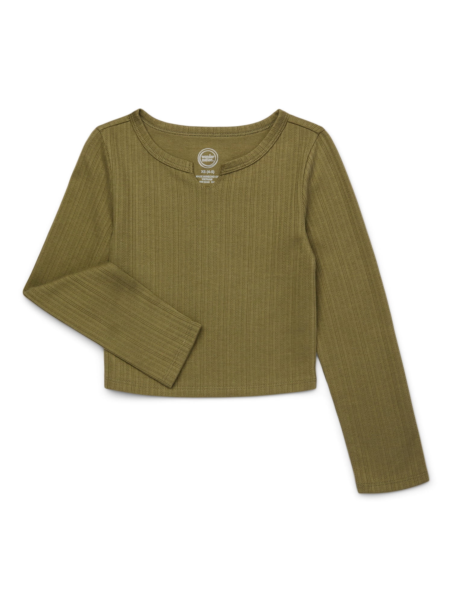 Wonder Nation Girls Notch Neck Tee with Long Sleeves, Sizes 4-18