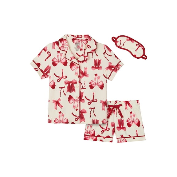 Wonder Nation Girls Short Sleeve Button Front Pajama Top and Shorts Set with Eyemask, 3-Piece, Sizes Sizes 4-18