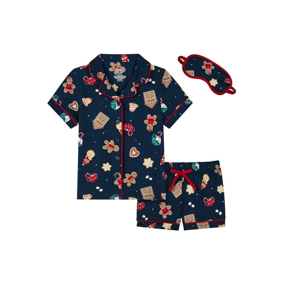 Wonder Nation Girls Short Sleeve Button Front Pajama Top and Shorts Set with Eyemask, 3-Piece, Sizes Sizes 4-18