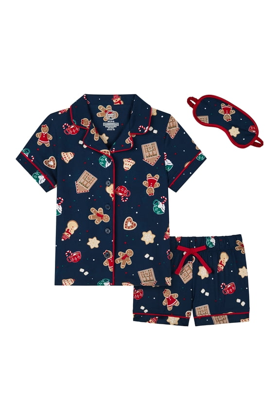 Girls Short Sleeve Button Front Pajama Top and Shorts Set with Eyemask, 3-Piece, Sizes Sizes 4-18