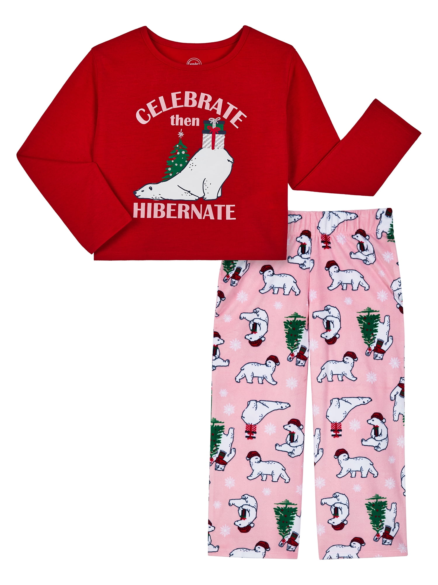 Wonder Nation Girls Holiday Long Sleeve Top and Wide Leg Pant Pajama Set, 2-Piece, Sizes 4-18 & Plus