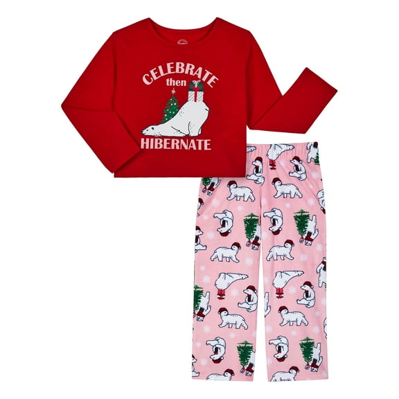 Wonder Nation Girls Holiday Long Sleeve Top and Wide Leg Pant Pajama Set, 2-Piece, Sizes 4-18 & Plus